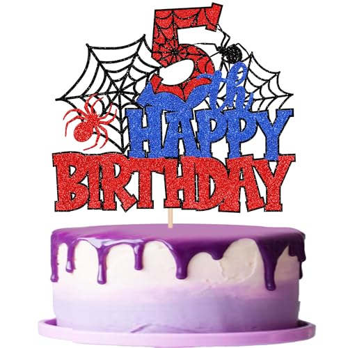 Xsstarmi Tortenaufsatz "Happy 5th Birthday", Rot, Blau, Glitzer, Schwarz, Spinnennetz-Superhelden-Thema, Kuchendekoration für Jungen und Mädchen, 5. Geburtstag, Jahrestag, Feier, Party Xsstarmi Tortenaufsatz "Happy 5th Birthday", Rot, Blau, Glitzer, Schwarz, Spinnennetz-Superhelden-Thema, Kuchendekoration für Jungen und Mädchen, 5. Geburtstag, Jahrestag, Feier, Party von Xsstarmi