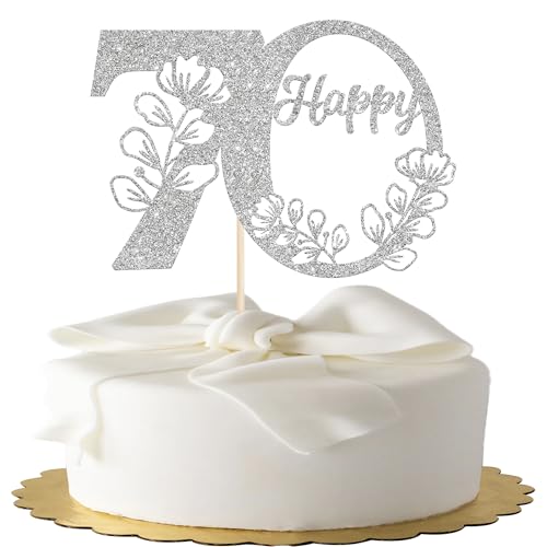 Xsstarmi Tortenaufsatz "Happy 70th Birthday", silberfarbener Glitzer, 70 Kuchenspieße, Cheers to 70 Birthday Kuchendekorationen für Happy 70th Anniversary Party Kuchen Dekoration Supplies von Xsstarmi