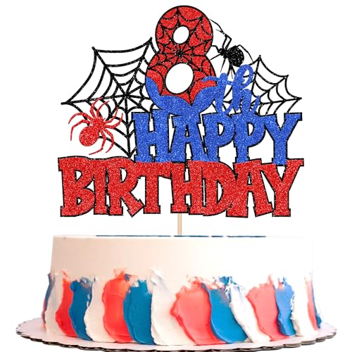 Xsstarmi Tortenaufsatz "Happy 8th Birthday", Rot, Blau, Glitzer, Schwarz, Spinnennetz-Superhelden-Thema, Kuchendekoration für Jungen und Mädchen, 8. Geburtstag, Jahrestag, Feier Xsstarmi Tortenaufsatz "Happy 8th Birthday", Rot, Blau, Glitzer, Schwarz, Spinnennetz-Superhelden-Thema, Kuchendekoration für Jungen und Mädchen, 8. Geburtstag, Jahrestag, Feier von Xsstarmi