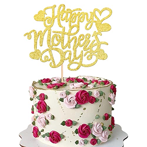 Xsstarmi Tortenaufsatz "Happy Mother's Day", glitzerndes Herz, "Love Mom", Kuchendekoration für Muttertag, Geburtstag, Party, Gold, 1 Stück von Xsstarmi