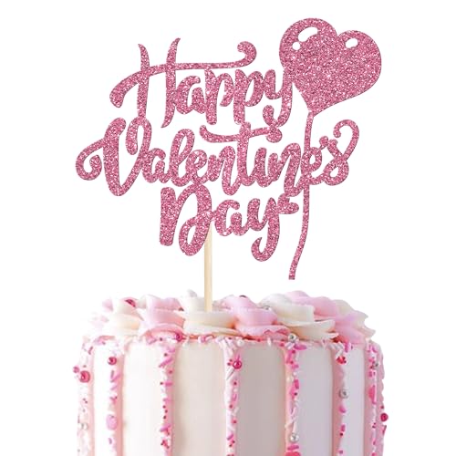 Xsstarmi Tortenaufsatz "Happy Valentine's Day", glitzernd, rosa Herzballon, Kuchendekoration für süße Liebe, Valentinstag, Hochzeit, Verlobung, Party, Kuchendekoration, 1 Stück von Xsstarmi