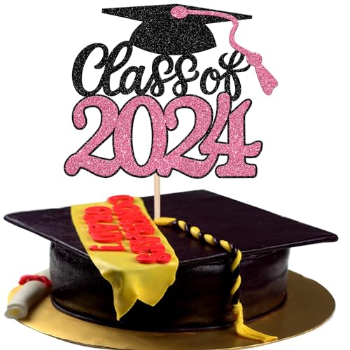 Xsstarmi Tortenaufsatz Klasse 2024, Glitzer-Diplom-Kappe, Diplom, Kuchendekoration, für Abschlussfeier 2024, Schwarz / Rosa, 1 Packung von Xsstarmi