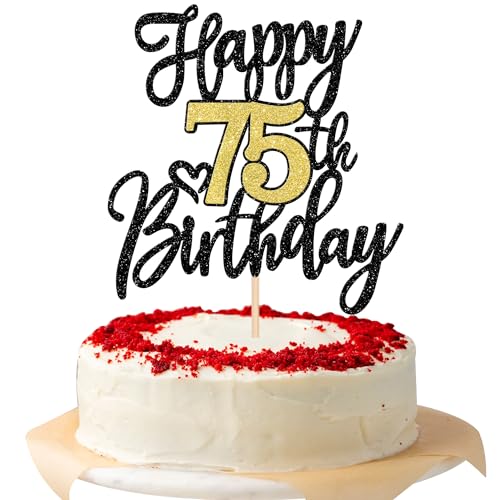 Xsstarmi Tortenaufsatz mit Aufschrift "Happy 75th Birthday", glitzernd, Aufschrift "Cheers to 75 Years", 1 Stück, goldfarben von Xsstarmi