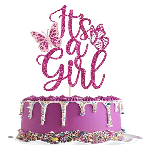 Xsstarmi Tortenaufsatz mit Aufschrift "It's a Girl", glitzernd, Schmetterling, für das Geschlecht, für Babyparty, Geburtstagsparty, Kuchendekoration, Rosenrot, 1 Stück von Xsstarmi