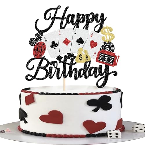 Xsstarmi Tortenaufsatz mit Casino-Thema "Happy Birthday", Glitzer, Pokerspiel, Chips, Spieler, Kuchenpicker für Las Vegas, Casino-Nacht, Geburtstagsparty, Kuchendekorationen von Xsstarmi
