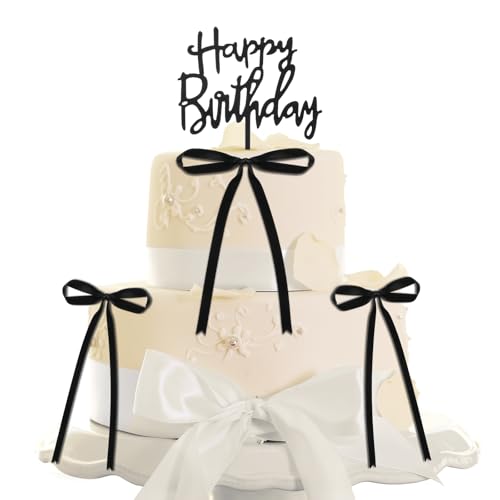 10 Stück Schwarz Tortendeko Schleife Tortenaufleger Cake Topper mit Happy Birthday Zeichen Hochzeitstorte Deko für Dekorationen Braut Geburtstag Hochzeit von Xthrotsenk