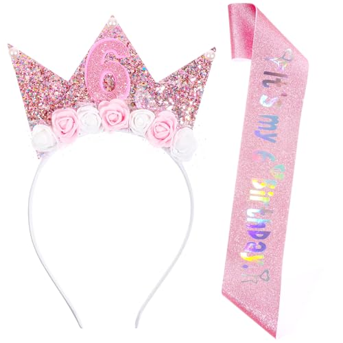 6 Jahr Geburtstagskrone Mädchen Geburtstag Schärpe Und Tiara Rosa Geburtstag Dekorationen mit Glitzer Zahlen und Rose Blumen Geburtstags Krone Schärpe Haarschmuck für Abschlussball Partyzubehör 6 Jahr Geburtstagskrone Mädchen Geburtstag Schärpe Und Tiara Rosa Geburtstag Dekorationen mit Glitzer Zahlen und Rose Blumen Geburtstags Krone Schärpe Haarschmuck für Abschlussball Partyzubehör von Xthrotsenk