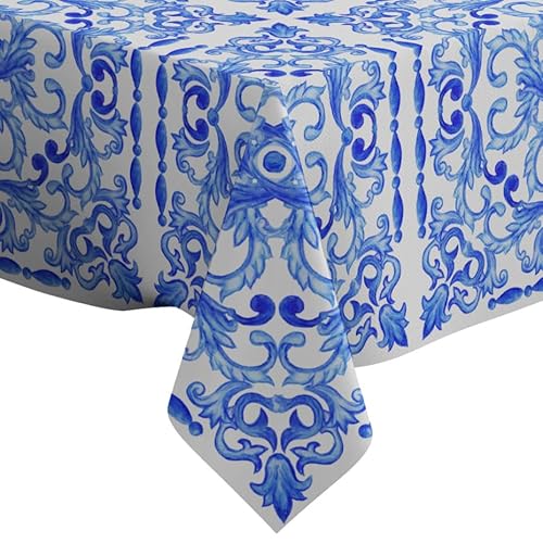 Azulejos Portugiesische Fliesen Blau Aquarellmuster Muster - Rechteckige Leinen-Tischdecke, (150 x 230 cm) waschbare dekorative Tischdecke von Xtremepads