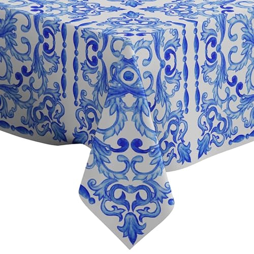 Azulejos Portugiesische Fliesen Blau Aquarellmuster Muster - Rechteckige Leinen-Tischdecke, (150 x 230 cm) waschbare dekorative Tischdecke von Xtremepads