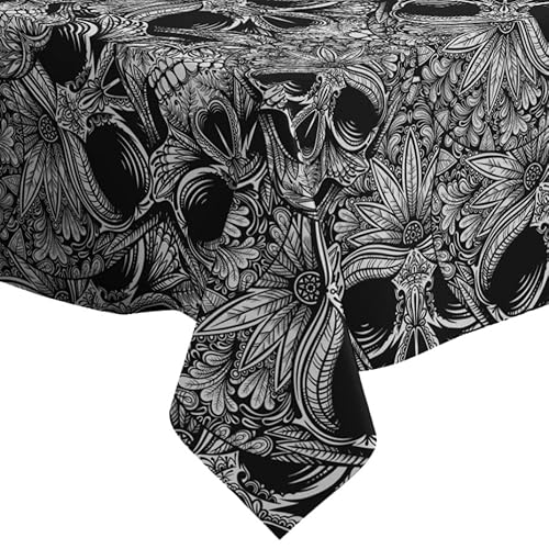 Schwarz Weiß Tattoo Totenkopf Muster - Rechteckige Leinen-Tischdecke (130 x 180 cm) Abwaschbar Dekorative Tischdecke von Xtremepads