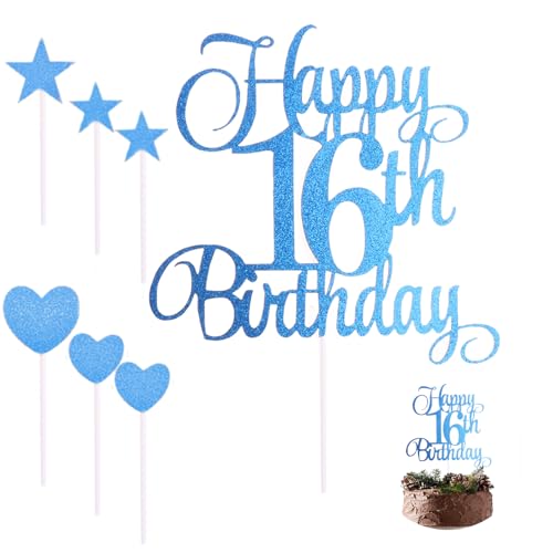 16. Glitzerndes Geburtstagskuchenaufsatz-Set, "Happy Birthday", blaue Zahl 16, Geburtstagskerzen, Kuchendekoration für Jungen und Mädchen, Geburtstagsparty-Zubehör 16. Glitzerndes Geburtstagskuchenaufsatz-Set, "Happy Birthday", blaue Zahl 16, Geburtstagskerzen, Kuchendekoration für Jungen und Mädchen, Geburtstagsparty-Zubehör von Xuigort