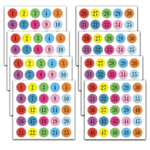 8 Blatt Zahlen Aufkleber, Zahlenaufkleber Rund Adventskalender Sticker Nummern Aufkleber Sticker Klebezahlen, Nr. 1-50, für Adventskalender Basteln und Befüllen (Farbe) von Xuigort