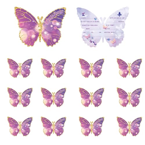 Xuigort 12 Schmetterling Einladungskarten für Kindergeburtstag, 12.48 x 10.5 cm, Mädchen und Jungen für Schmetterlingen Einladungskarten, Perfekt für Kinderpartys und Geburtstagsfeiern(Lila) von Xuigort