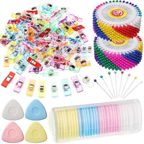 XunYee 1090-teiliges Nähnadel-Set, Kissenzubehör, Zubehör mit 960 Nähnadeln für Stoff, 100 Kunststoff-Stoffklammern und 30 Schneiderkreide von XunYee