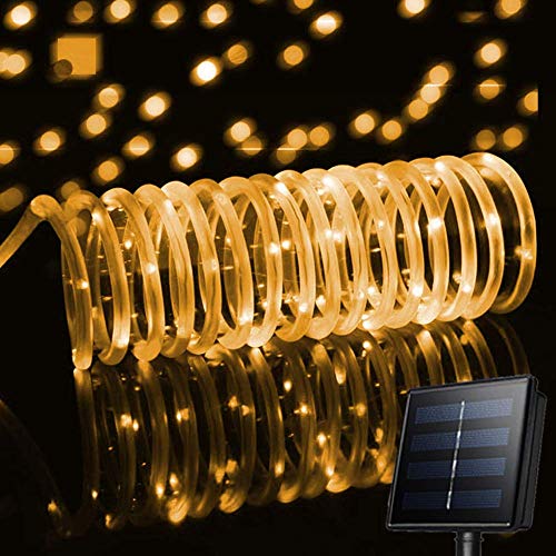 XUNATA LED Solar Lichterschlauch 10M 100 LEDs Lichter IP65 Wasserdicht Schlauchlicht Lichtschlauch für Garten, Weihnachten, Hochzeit, Party (Warmweiß, 10m (100LEDs) + 2m lead cable) von XUNATA
