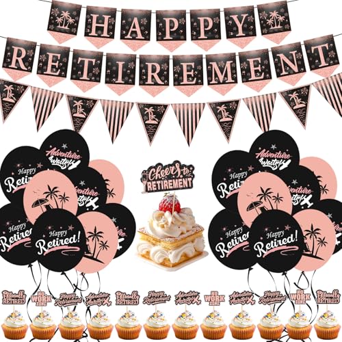 Happy Retirement Decorations Rose Gold Banner Balloons Gold Glitter Cake Topper for Men Women Retirement Office Farewell Anniversary Party Supplies Happy Retirement Decorations Rose Gold Banner Balloons Gold Glitter Cake Topper for Men Women Retirement Office Farewell Anniversary Party Supplies von Xunerloy