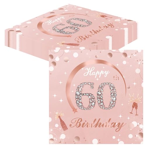 Pack Of 40 Happy Birthday Servietten Rosa Napkins 60Th Birthday Party Servietten Weiß 3-Lagig Tischdeko FüR 70 Geburtstag Mann Frau Einweg Papierservietten (Rosa60th) von Xunerloy