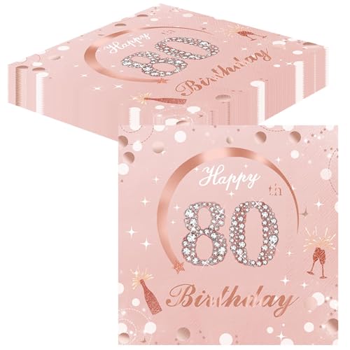 Xunerloy Servietten 80. Geburtstag Frau, 40 Stück Rosa Gold, 3-Lagig, Einweg Papierservietten (Rosa80th) von Xunerloy