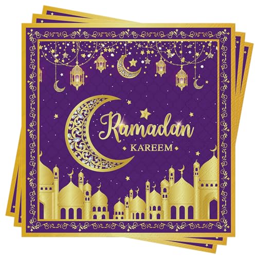 Ramadan Kareem Servietten, 40 Stück Eid Mubarak Ramadan Servietten Tisch Dekoration Servietten Lila Gold Eid Deko Stern Mond Zubehör Ramadan Ramadan Mubarak Geschirr Servietten 33x33 cm von Xunerloy