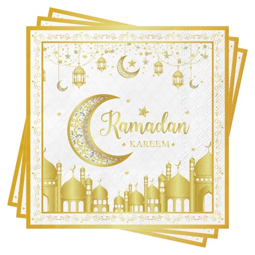 Ramadan Kareem Servietten, 40 Stück Eid Mubarak Ramadan Servietten Tisch Dekoration Servietten Weiß Gold Eid Deko Stern Mond Zubehör Ramadan Ramadan Mubarak Geschirr Servietten 33x33 cm von Xunerloy