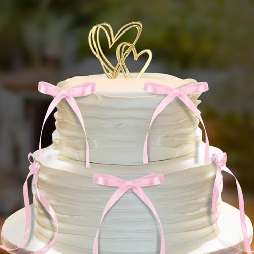 Xunerloy Rosa Schleife Tortenaufleger mit 1 Golden Herz Cupcake Topper Schleife Knoten Bänder Schleife Dessert Picker für Dekorationen Braut Babyparty Geburtstag Hochzeit Geschenkverpackungen von Xunerloy