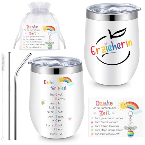 Xuniea Erzieherin Dankeschön Geschenkset Thermosbecher Schlüsselanhänger Dankeskarte und Organzabeutel Abschiedsgeschenk für Lehrer Lehrerin Tagesmutter (12 OZ) von Xuniea