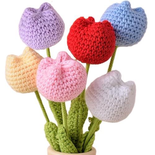 Xuoxeji 6 handgefertigte Tulpenstrauß, gestrickte künstliche Tulpen, Häkelblumen, Geschenk für Frauen, Freundin, Liebhaber, Ehefrau, Dekor (6 Farben) von Xuoxeji