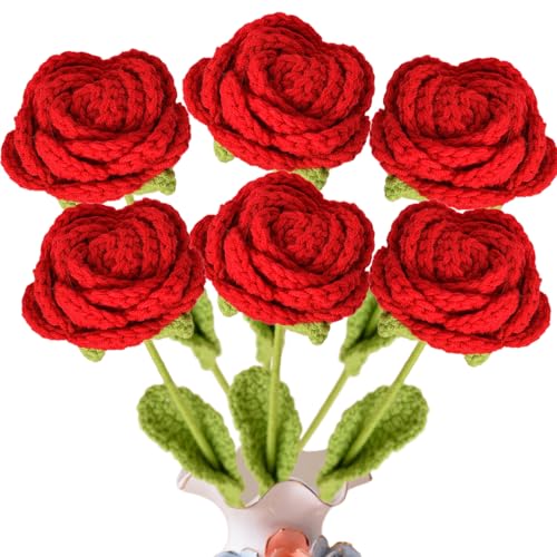 Xuoxeji Handgefertigter Rosenstrauß, gestrickte Blumen, Häkelblumen, Geschenke für Jahrestage, Valentinstag, Hochzeiten, 6 Stück (rot) von Xuoxeji