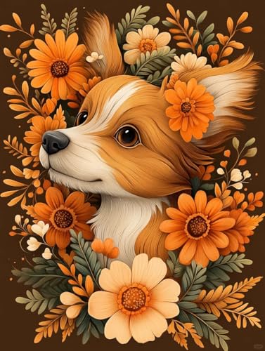 XvvwEndlessx 11CT Gestempelte Kreuzstich-Sets Kreuzstich-Kit Starter Hund Bedeckt Mit Blumen Sticken Set Erwachsene AnfäNger 40×50Cm von XvvwEndlessx