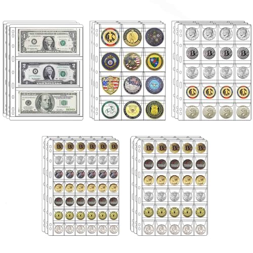 15 Blatt Münzsammelbedarfs-Seiten, 5 Größen, Münzsammel-Taschenseite mit Standard-9-Loch-Münzbuchhüllen für Münzstempel, Währungssammlung von Xxmbbjy