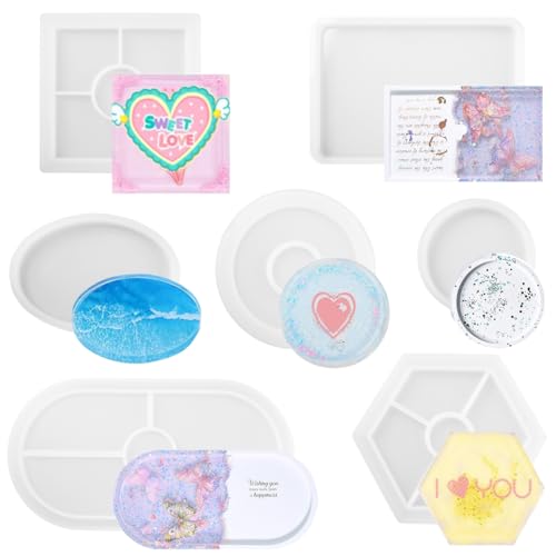 7 Stück Silikonform Untersetzer Set, Epoxidharz Silikonformen in Verschiedene Formen, Wiederverwendbar, Tablett Epoxidharz Formen, Gießformen Silikon, für DIY Untersetzer, Tablett, Dekoratione von Xyvor