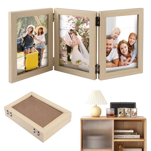 Aufklappbarer Bilderrahmen 3 Bilder 10 X 15 Cm 3Er Bilderrahmen Klappbar Aus Holz, Klappbilderrahmen Und Ständer, Photo Frame für Schreibtisch Dekoration, Familie, Hochzeitsgeschenke von Xyvor