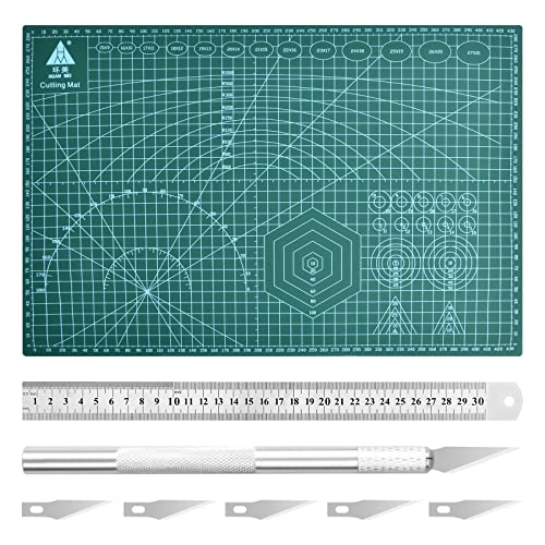 Xzeemo Selbstheilende Bastelunterlage, Schneidematte Zum Nähen, A3 Schneideunterlage, Cutting Mat mit Doppelseitig Rastern, inkl. Rollschneider, 6x Ersatzklinge und 1x Stahllineal (Grün, 45x30cm) von Xzeemo