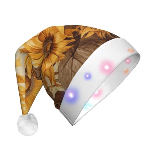 Xzeit LED-Weihnachtsmütze für Erwachsene, Weihnachtsmannmütze, Bienen und Sonnenblumen, beleuchtete Weihnachtsmütze, Weihnachtsfeiertage, Partyzubehör von Xzeit