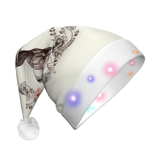 Xzeit LED-Weihnachtsmütze für Erwachsene, Weihnachtsmannmütze, Blumen und Pferde, handgezeichnet, beleuchtet, Weihnachtsmütze, Urlaub, Partyzubehör von Xzeit