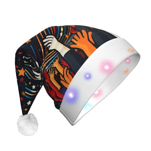Xzeit LED-Weihnachtsmütze für Erwachsene, Weihnachtsmannmütze, Hände, rot-blaue Sterne, leuchtende Weihnachtsmütze, Weihnachtsfeiertagszubehör von Xzeit
