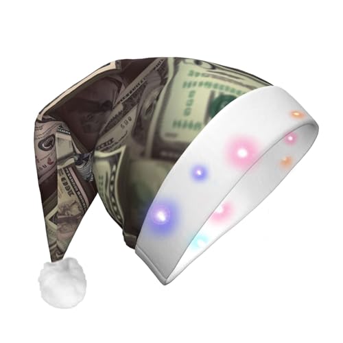 Xzeit LED-Weihnachtsmütze für Erwachsene, Weihnachtsmannmütze, Hundert-Dollar-Scheine, beleuchtete Weihnachtsmütze, Weihnachtsfeierzubehör von Xzeit