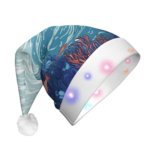 Xzeit LED-Weihnachtsmütze für Erwachsene, Weihnachtsmannmütze, Ozean, Wasserlandschaft, beleuchtet, Weihnachtsmütze, Urlaub, Partyzubehör von Xzeit