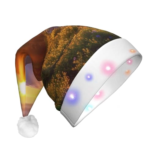 Xzeit LED-Weihnachtsmütze für Erwachsene, Weihnachtsmannmütze, Rocky Mountain, Sonnenuntergang, Sonnenschein, beleuchtet, Weihnachtsmütze, Urlaub, Partyzubehör von Xzeit