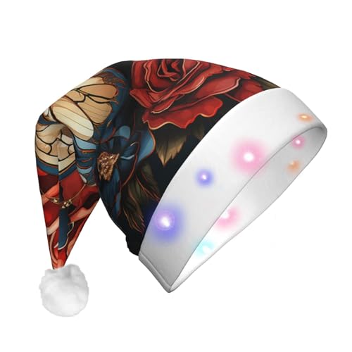 Xzeit LED-Weihnachtsmütze für Erwachsene, Weihnachtsmannmütze, Schmetterlinge und Rosen, beleuchtete Weihnachtsmütze, Weihnachtsfeiertagszubehör von Xzeit