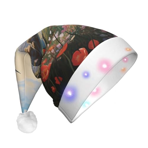 Xzeit LED-Weihnachtsmütze für Erwachsene, Weihnachtsmannmütze, Vögel, die über Blumen fliegen, beleuchtet, Weihnachtsmütze, Urlaub, Partyzubehör von Xzeit