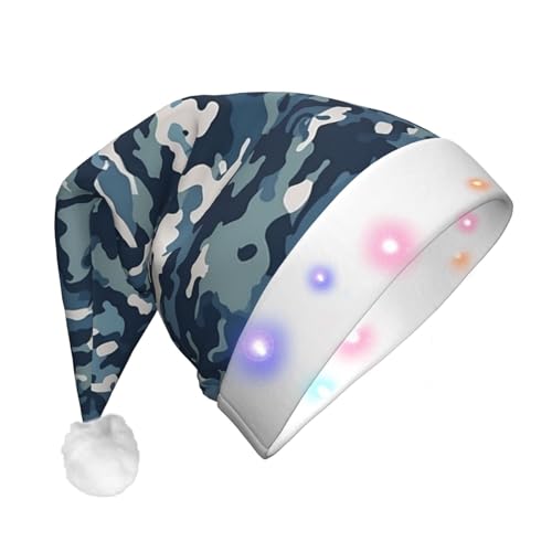 Xzeit LED-Weihnachtsmütze für Erwachsene, Weihnachtsmannmütze, marineblaues Camouflage-Muster, beleuchtete Weihnachtsmütze, Weihnachtsfeiertagszubehör von Xzeit