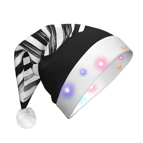 Xzeit LED-Weihnachtsmütze für Erwachsene, Weihnachtsmannmütze, schwarz-weiß gestreiftes Herz, beleuchtete Weihnachtsmütze, Weihnachtsfeierzubehör von Xzeit