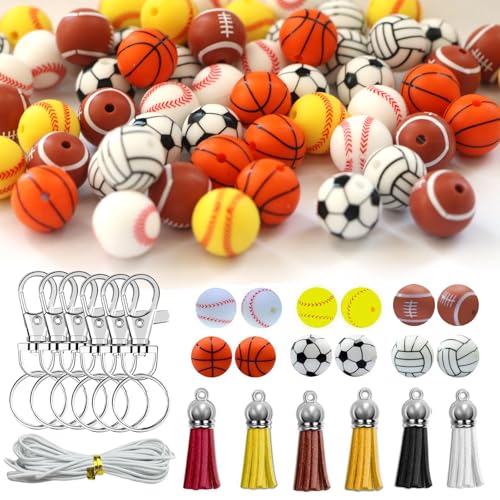 Silikonperlen, 60 Stück 15 mm Silikonperlen mit Schnur zur Herstellung von Schmuck, Halsketten, Armband, DIY-Basteln für Stifte, Gummiperlen, Sportperlen mit Fußballperlen Fußball-Schlüsselanhänger von Xzyden