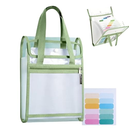 Vertikale Aktentasche, 13 Fächer, erweiterbarer Aktenordner mit Griff und Etiketten, tragbare, transparente Aktentasche (Green) von Y-M-H