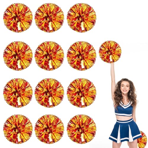 12er Pack Cheerleading Pom Poms, Sport-Pompoms aus Kunststoff für Teamspirit und Veranstaltungen (Rotgold) von YAANTYYB