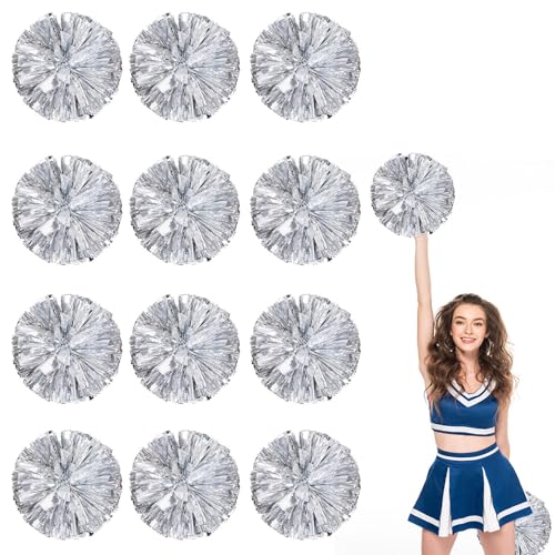 12er Pack Cheerleading Pom Poms, Sport-Pompoms aus Kunststoff für Teamspirit und Veranstaltungen (Silber) von YAANTYYB