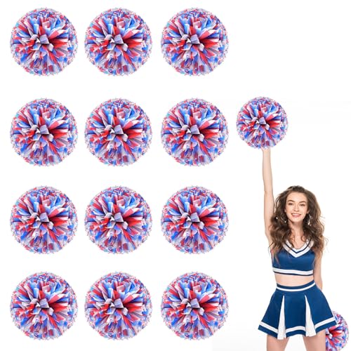 12er Pack Cheerleading Pompoms, Sport-Tanz-Pompoms aus Kunststoff für Teamgeist und Anfeuerung (Blau + Rot + Weiß) von YAANTYYB