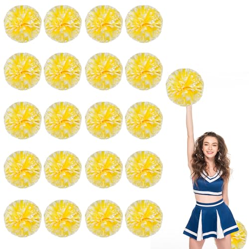 20er Pack Cheerleading Pompoms, Sport-Tanz-Pompoms aus Kunststoff für Teamgeist und Anfeuerung (Gelb + Weiß) von YAANTYYB