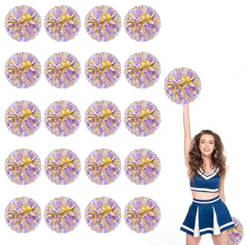 20er Pack Cheerleading Pompoms, Sport-Tanz-Pompoms aus Kunststoff für Teamgeist und Anfeuerung (Violett + Gelb + Weiß) von YAANTYYB
